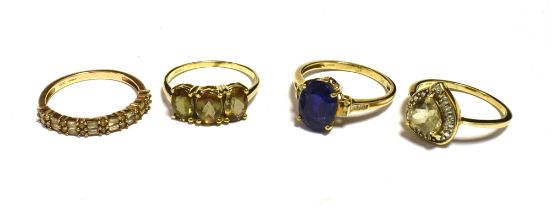 FOUR 9CT GOLD DRESS RINGS, GEM AND STONE SET TO INCLUDE SAPPHIRE. RING SIZES O,O,O 1/2, P 1/2. Total