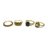 FOUR 9CT GOLD DRESS RINGS, GEM AND STONE SET TO INCLUDE SAPPHIRE. RING SIZES O,O,O 1/2, P 1/2. Total