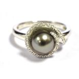 ILIANA 18K WHITE GOLD, BLACK PEARL DRESS RING The pearl measuring 7mm in diameter with a wrap over
