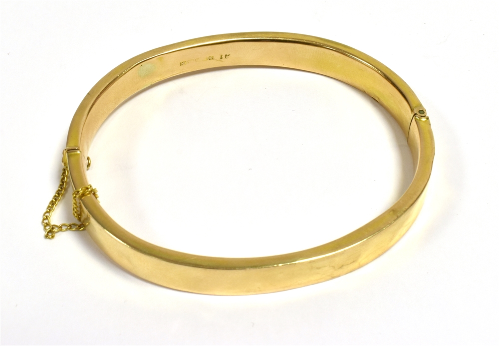 9CT GOLD HALF ENGRAVED PATTERNED BANGLE very worn hallmark, working push clasp, intact safety chain, - Image 2 of 2