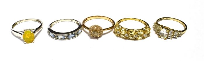 TJC & TGGC FIVE 9CT GOLD GEM AND STONE/PASTE SET DRESS RINGS, TJC X 4, TGGC x 1 Yellow Gold x3,