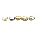 TJC & TGGC FIVE 9CT GOLD GEM AND STONE/PASTE SET DRESS RINGS, TJC X 4, TGGC x 1 Yellow Gold x3,