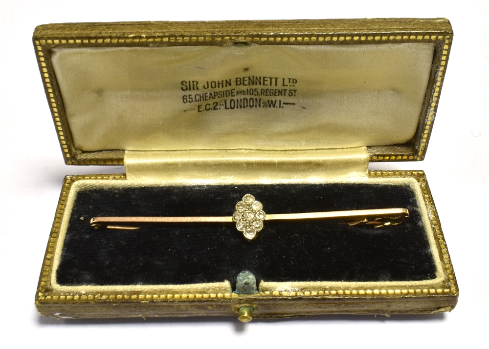 EARLY 20TH CENTURY OLD CUT DIAMOND Set safety pin bar brooch (boxed) Brooch stamped 9CT Length 6.