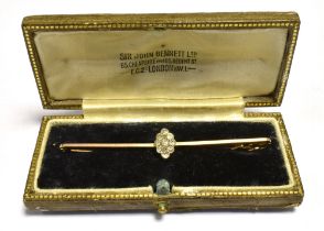 EARLY 20TH CENTURY OLD CUT DIAMOND Set safety pin bar brooch (boxed) Brooch stamped 9CT Length 6.