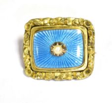 EARLY 20TH CENTURY GUILLOCHE ENAMEL AND SEED PEARL SET BROOCH. The Brooch mounted in ornate yellow