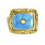 EARLY 20TH CENTURY GUILLOCHE ENAMEL AND SEED PEARL SET BROOCH. The Brooch mounted in ornate yellow