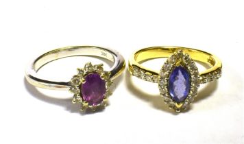 TWO ILIANA 18K WHITE GOLD CLUSTER RINGS. Gem and stone set (purple) Ring sizes O 1/2, O 1/2 Weight