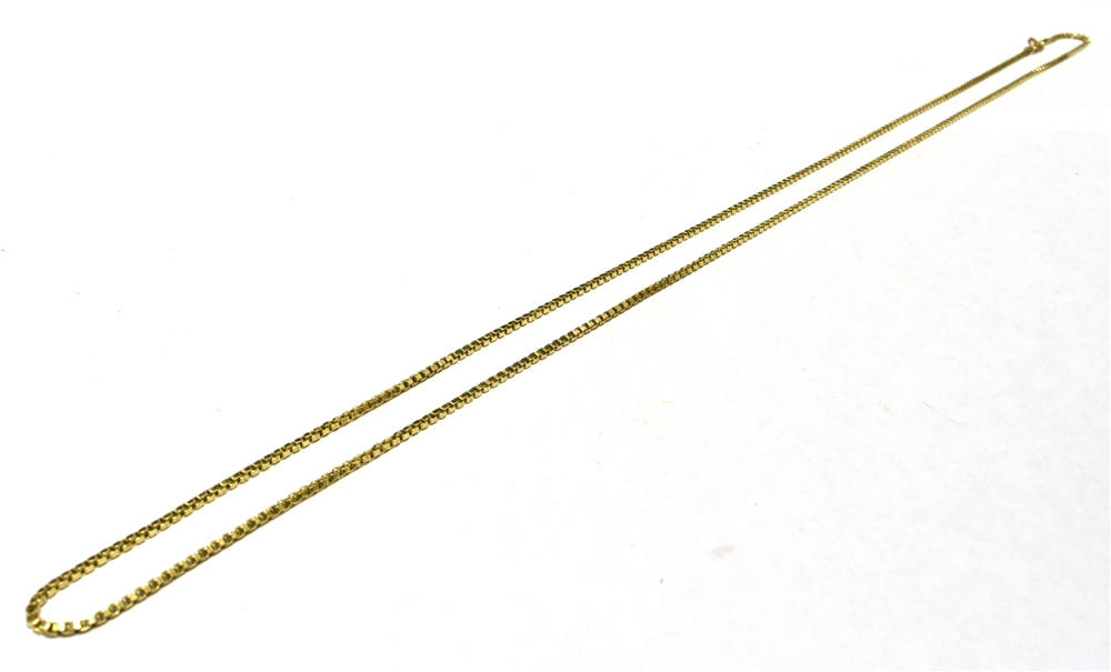 YELLOW METAL BOX LINK NECKLACE Worn markings to working clasp. Length 62cm approx weight 8g