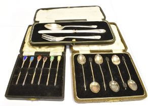 COLLECTION OF SILVER comprising a set of six Walker & Hall silver enamel cocktail sticks, cased