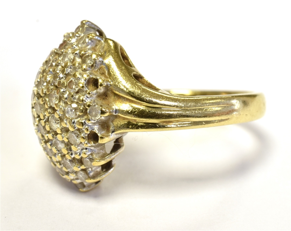 9CT GOLD DIAMOND CLUSTER RING The domed cluster set with numerous tiny diamonds in white metal on - Image 2 of 3