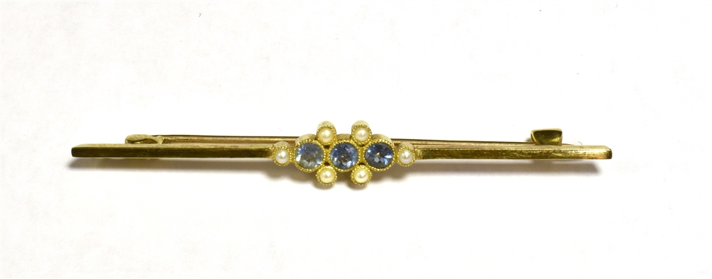 AQUAMARINE AND SEED PEARL SAFETY PIN BAR BROOCH Stamped cs FS 15 (?) Length 5.8cm, weight 3g. Good - Image 2 of 3