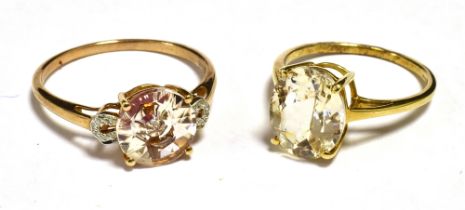 TWO 10KT MORGANITE COCKTAIL RINGS Ring sizes O and U, shanks marked 417 10KT, weight 4.7g