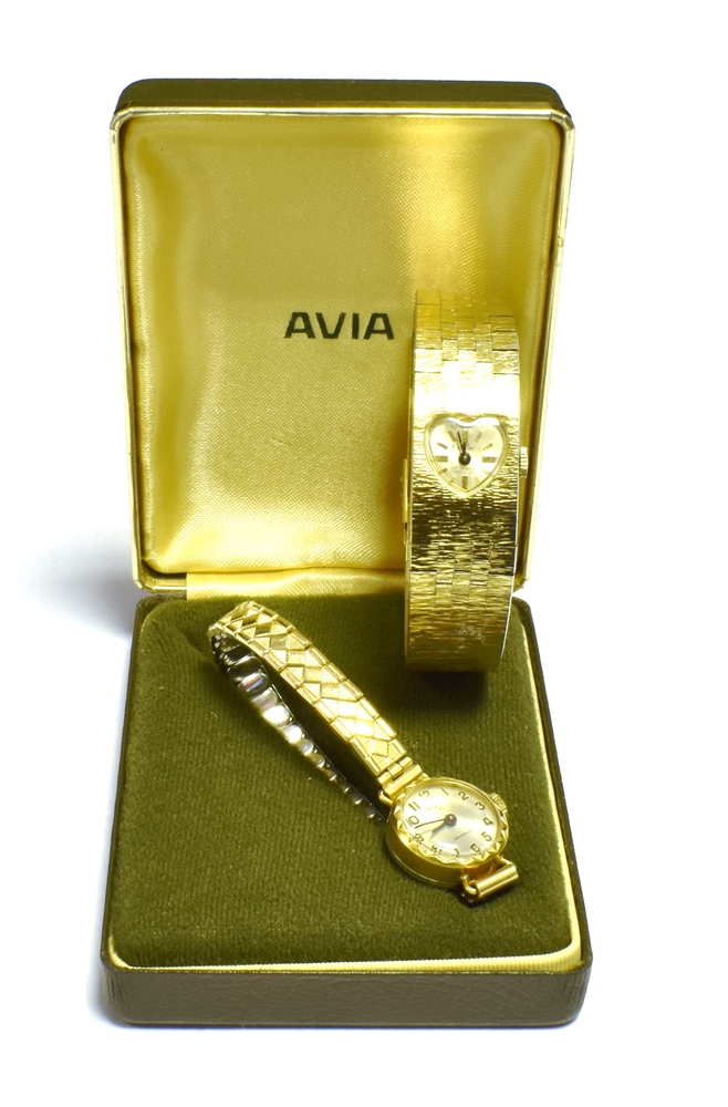 TWO VINTAGE WATCHES Ladies boxed Avia wristwatch. Antim bracelet watch with integral heart dial.