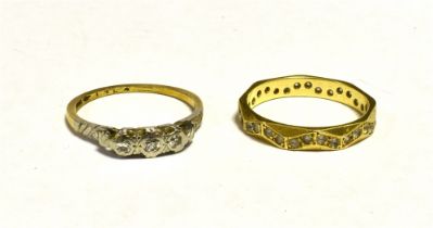 TWO GOLD RINGS 18CT Goshenite eternity band with octagonal outer shape. Ring size O, weight 3g.