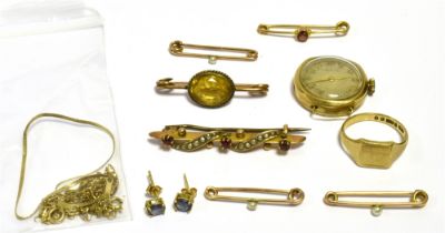 VARIOUS 9CT GOLD ITEMS To include; gem and seed pearl set bar brooches, sapphire stud earrings, fine