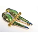 VINTAGE 14CT GOLD & ENAMEL BROOCH 3.3cm long x 1.8cm wide, featuring a pair of Budgerigars enamelled