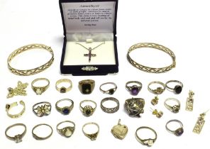 NUMEROUS ITEMS OF SILVER JEWELLERY To include two solid hinged bangles with entwined ribbon