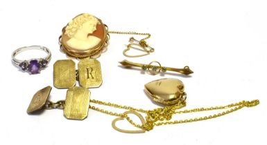 VARIOUS 9CT GOLD ITEMS To include a heart shaped locket and chain, shell cameo with gold frame,