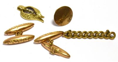 ANTIQUE 9CT GOLD ITEMS To include; a pair of rose gold engraved cuff links, shirt stud, curb link