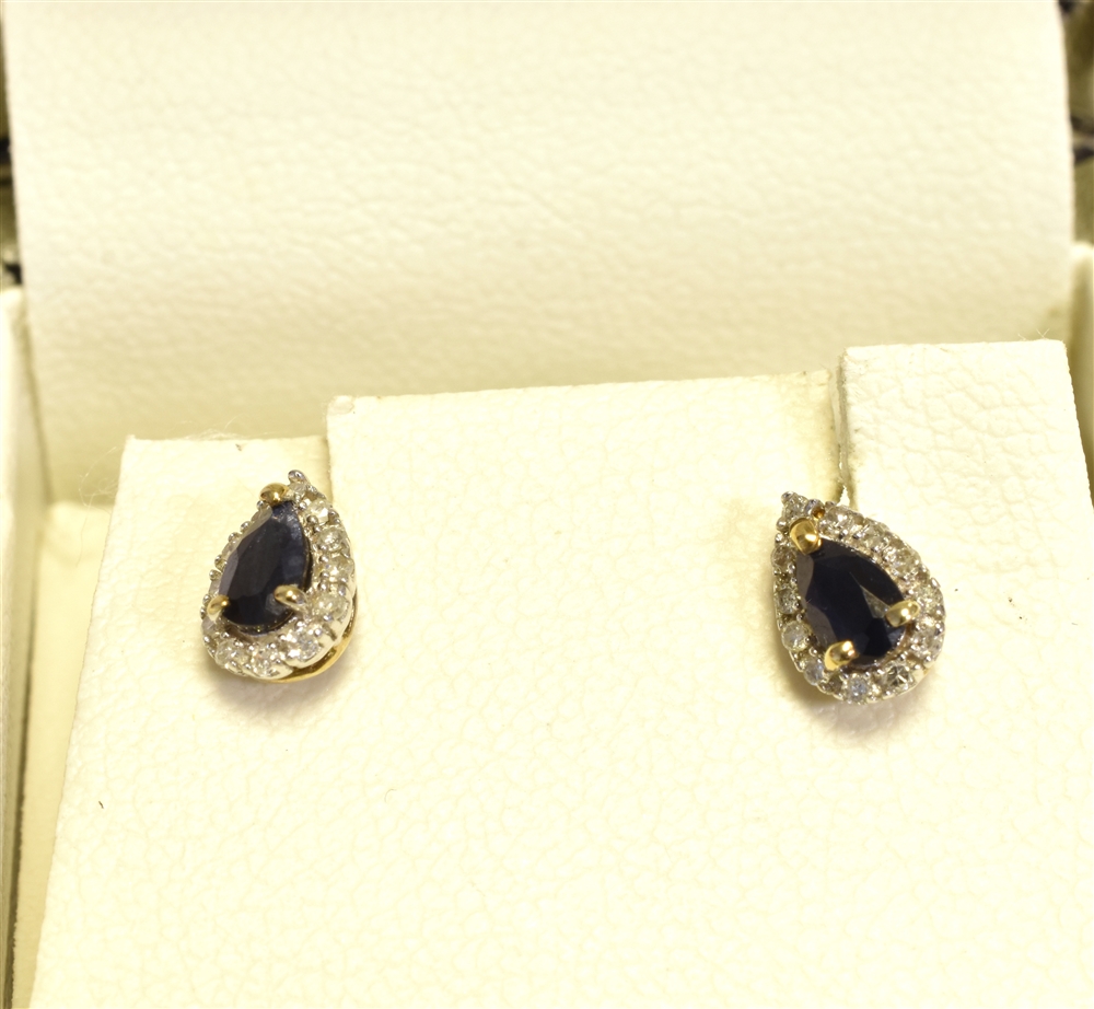 SAPPHIRE & DIAMOND STUD EARRINGS Set in 9 carat gold, pear shaped sapphires surrounded by a halo - Image 2 of 3