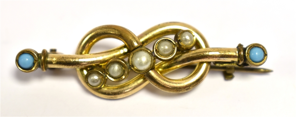 ANTIQUE TURQUOISE & PEARL BROOCH 9ct gold, 4.0cm long, 'lovers knot' motif with bezel set
