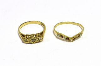 9CT GOLD DIAMOND & CZ RINGS One illusion set with round brilliant cut diamonds, one wishbone