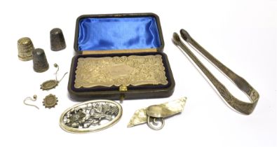 ANTIQUE SILVER ITEMS To include; an engraved silver calling card case, with original fitted