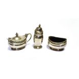 STERLING SILVER CONDIMENT SET To include mustard, salt and pepper pots, with spoon and blue glass