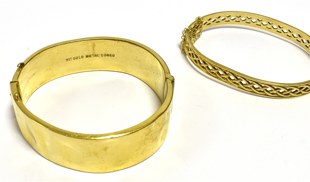 9CT GOLD PLATED BANGLES One 18.3mm wide hinged cuff bangle with foliate and scroll engraving, - Image 2 of 3