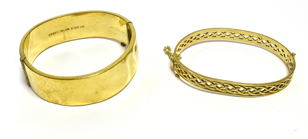9CT GOLD PLATED BANGLES One 18.3mm wide hinged cuff bangle with foliate and scroll engraving, - Image 3 of 3