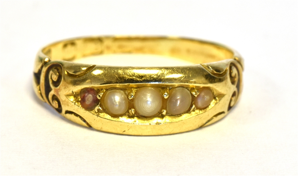 ANTIQUE 18CT GOLD SEED PEARL RING 5.4mm wide head with grain set half pearls, (one is damaged),