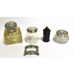 SILVER MOUNTED ITEMS & POUNCE POT To include a hob nail cut crystal ink well with silver hinged lid,