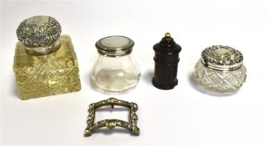 SILVER MOUNTED ITEMS & POUNCE POT To include a hob nail cut crystal ink well with silver hinged lid,