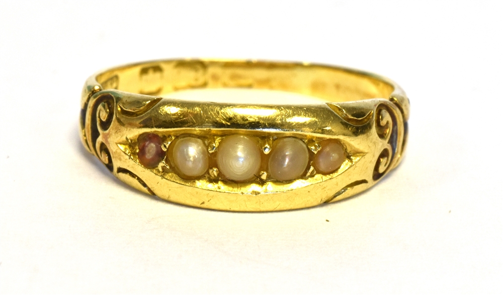 ANTIQUE 18CT GOLD SEED PEARL RING 5.4mm wide head with grain set half pearls, (one is damaged), - Image 2 of 3