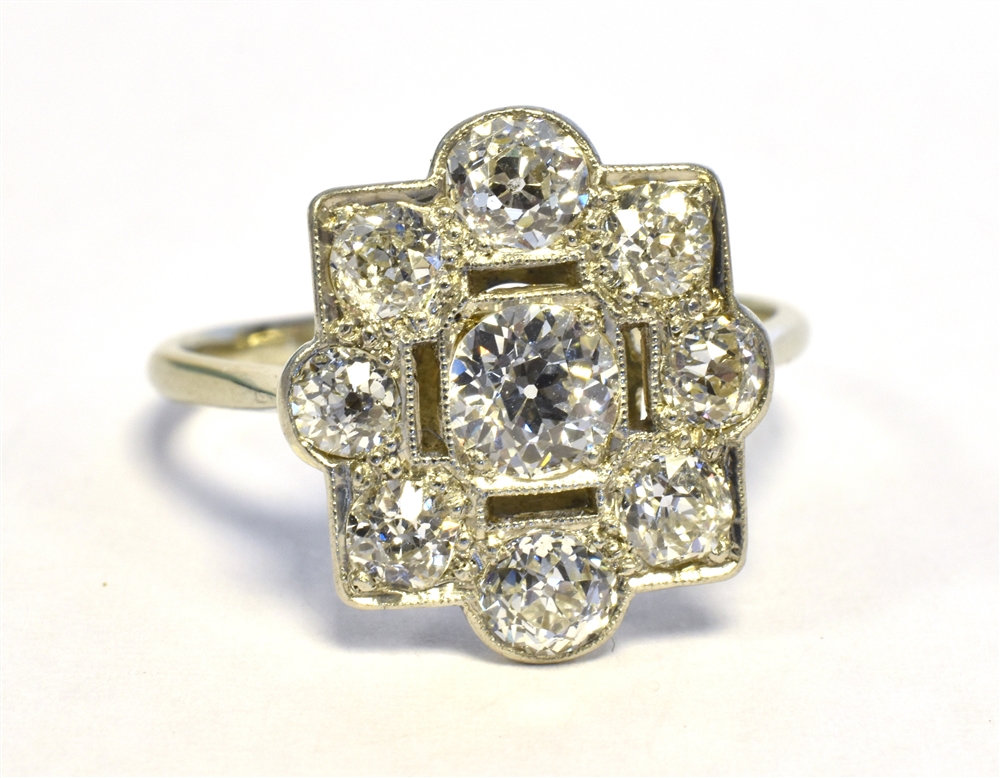 ART DECO & ESTATE CUT DIAMOND RING Set in platinum, pierced geometric mount, mille grain set with - Image 2 of 3