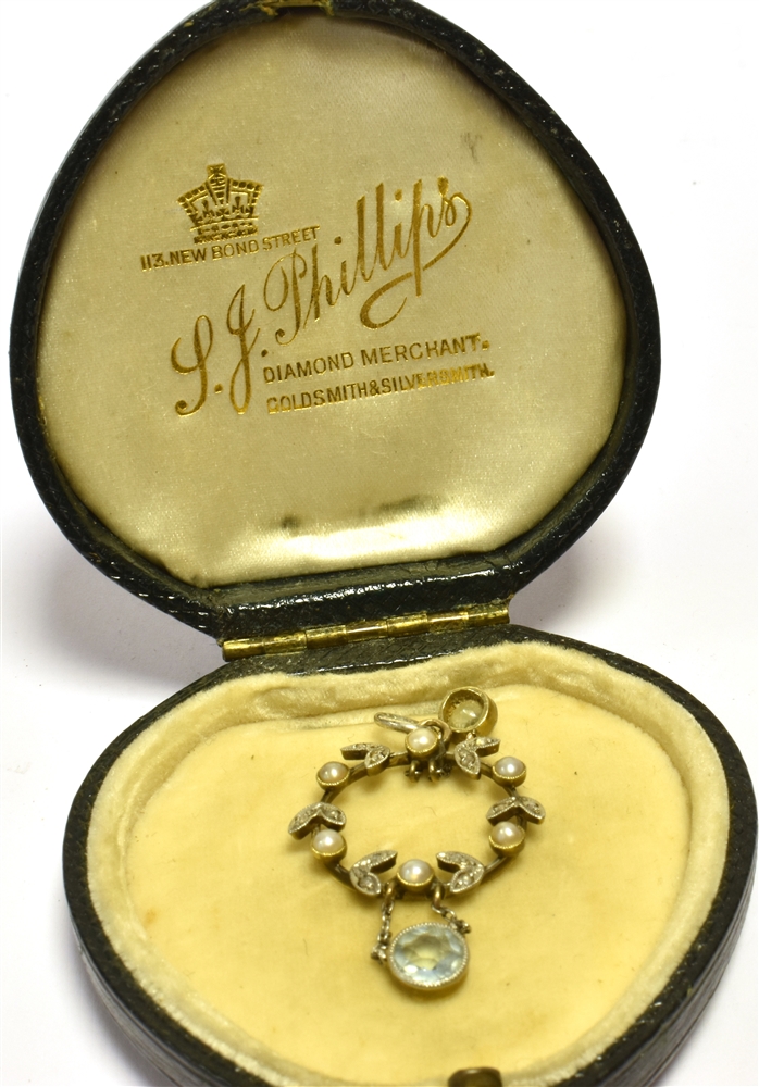 EDWARDIAN 9CT GOLD GEM SET PENDANT Set with pearls and senaille cut diamonds and round aquamarines - Image 2 of 2