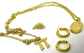 VARIOUS 9CT GOLD JEWELLERY To include; a belcher link chain with oval engraved pendant, hollow