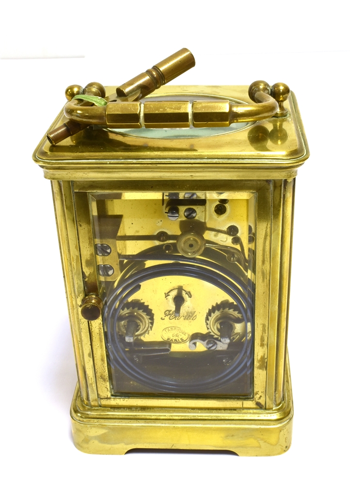 BRASS CARRIAGE CLOCK Retailed by Howell & James Ltd, London, stands 12cm tall, with five bevelled - Image 2 of 4