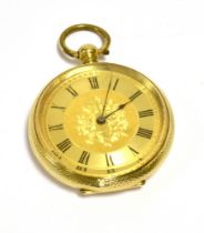 18CT GOLD LADIES OPEN FACE POCKET WATCH 33.9mm diameter, engine turned decoration to case, finely