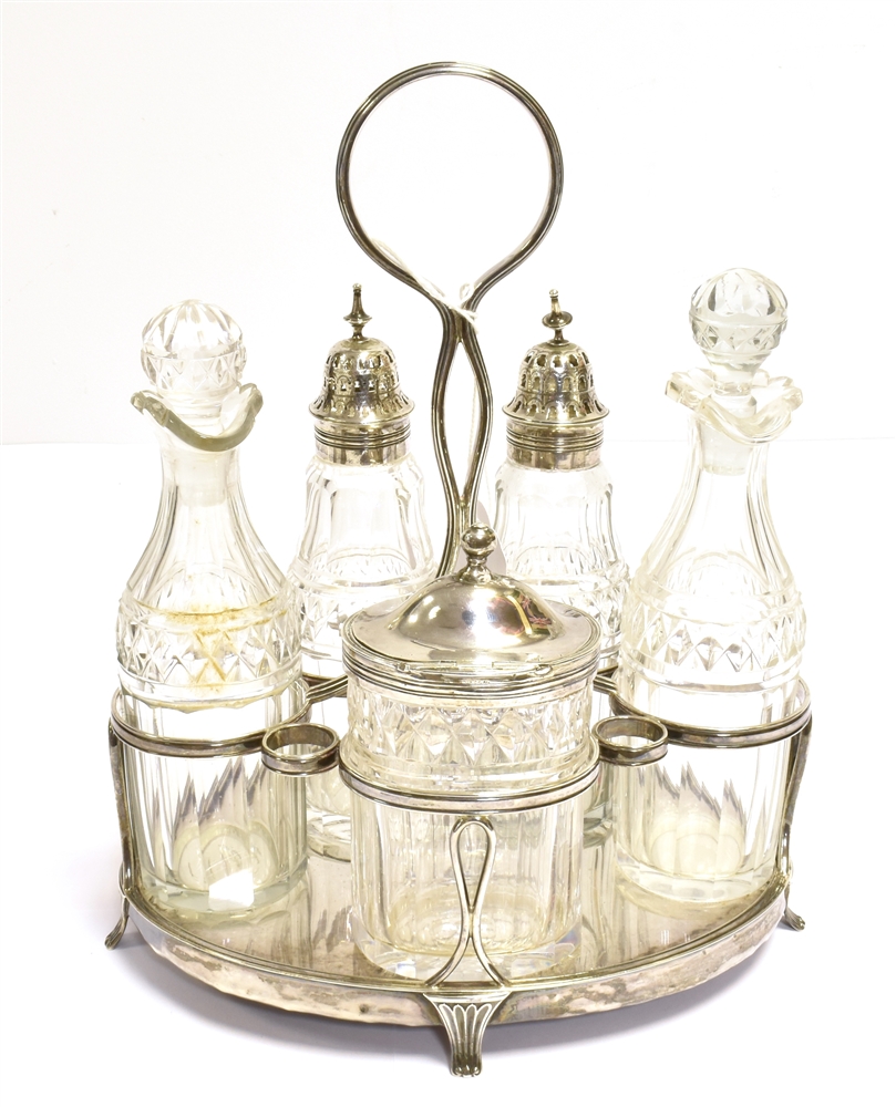 GEORGIAN SILVER FIVE BOTTLE CRUET SET Stand approx 24cm tall x 11.5cm wide, silver mounted with