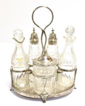 GEORGIAN SILVER FIVE BOTTLE CRUET SET Stand approx 24cm tall x 11.5cm wide, silver mounted with