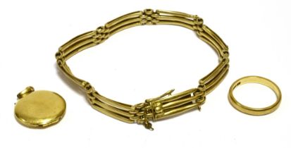 VARIOUS 9CT GOLD ITEMS OF JEWELLERY To include; a 17cm long, 3 bar gate link bracelet (safety