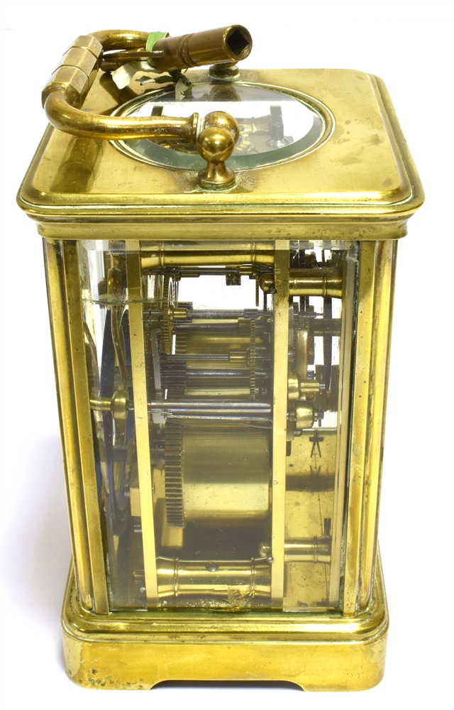 BRASS CARRIAGE CLOCK Retailed by Howell & James Ltd, London, stands 12cm tall, with five bevelled - Image 3 of 4