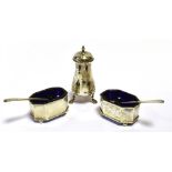 GEORGE V SILVER SALTS & PEPPERETTE A pair of blue glass lined octagonal salts with spoons (one is