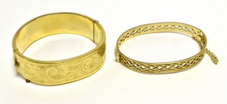 9CT GOLD PLATED BANGLES One 18.3mm wide hinged cuff bangle with foliate and scroll engraving,