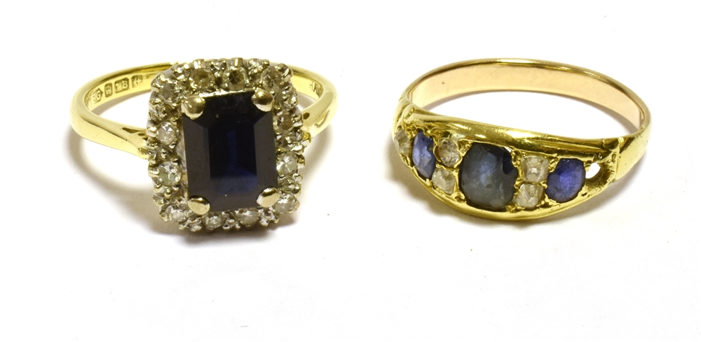 SAPPHIRE & DIAMOND 18CT GOLD DRESS RINGS One with octagonal dark blue sapphire, approx 2.0 carats,