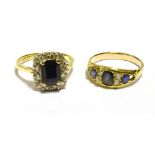 SAPPHIRE & DIAMOND 18CT GOLD DRESS RINGS One with octagonal dark blue sapphire, approx 2.0 carats,