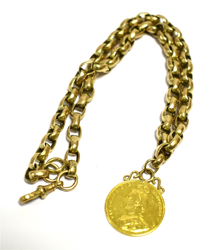 9CT GOLD CHAIN & SOVEREIGN PENDANT Oval faceted belcher link chain, 41cm long x 5.7mm wide,