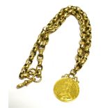 9CT GOLD CHAIN & SOVEREIGN PENDANT Oval faceted belcher link chain, 41cm long x 5.7mm wide,