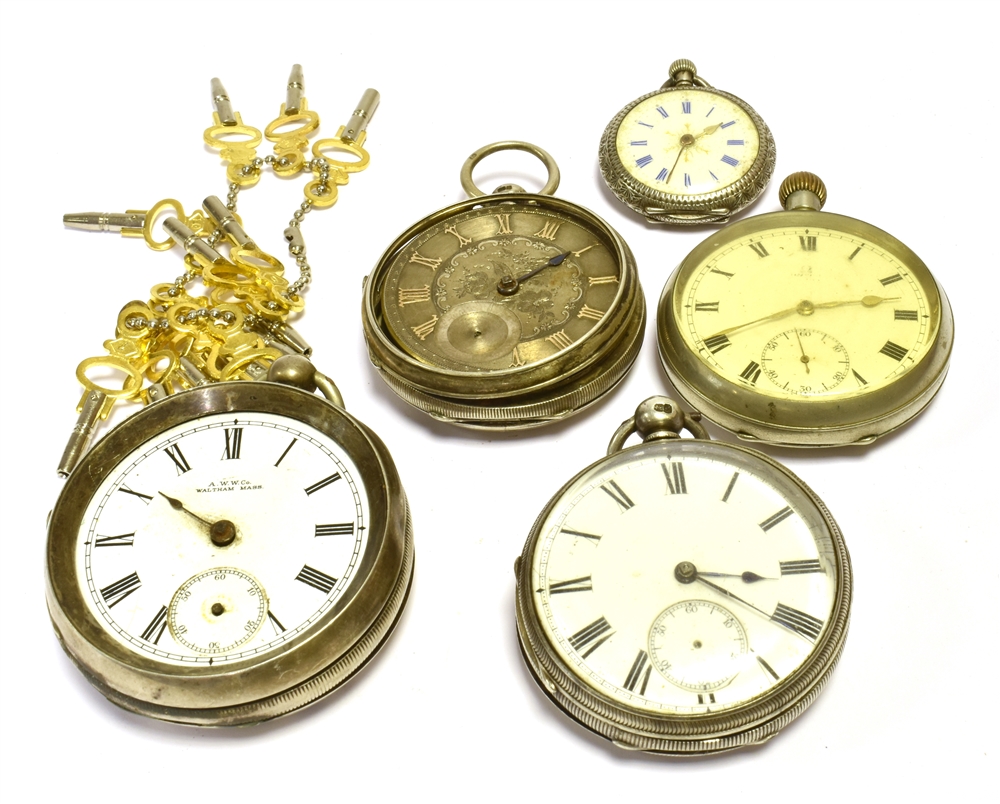 ANTIQUE SILVER POCKET WATCHES & KEYS One open face with gilded dial, hallmarked London 1875 makers